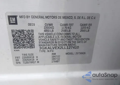 2020 GMC Terrain Awd Slt z USA, uszkodzony, nr VIN 3GKALVEX2LL127410